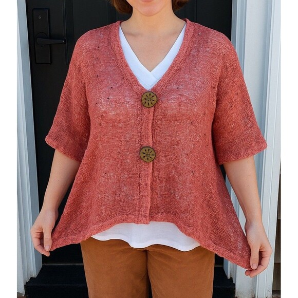 Lulu B Cardigan Top M Mesh Button Cover Up Sheer Asymmetrical Lagenlook Artsy - Picture 1 of 9